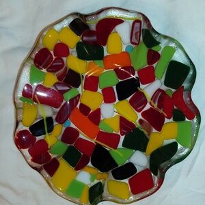 Fused glass bowl/candy dish with artfully scalloped edges. Super colorfu…